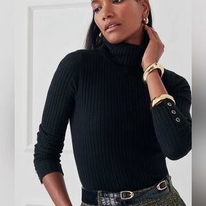 J. McLaughlin Arlette Turtleneck Black Ribbed Sweater Size XL Sleeve Buttons